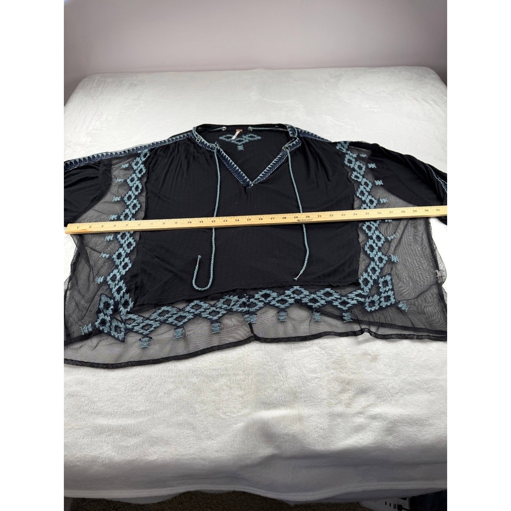Free People Eden Loose Top Women's Medium Black Aztec Sheer Embroidered V-Neck - Picture 7 of 8